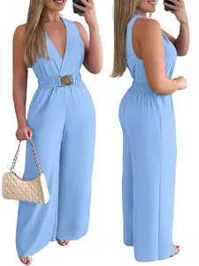 Women's Elegant Sleeveless Halter V-Neck High-Waist Wide Leg Jumpsuit - Elastic Waist, Gold Buckle Belt, Lightweight Solid Full-Length Overalls for Date Night, Vacation (Black, Sky Blue, Beige)