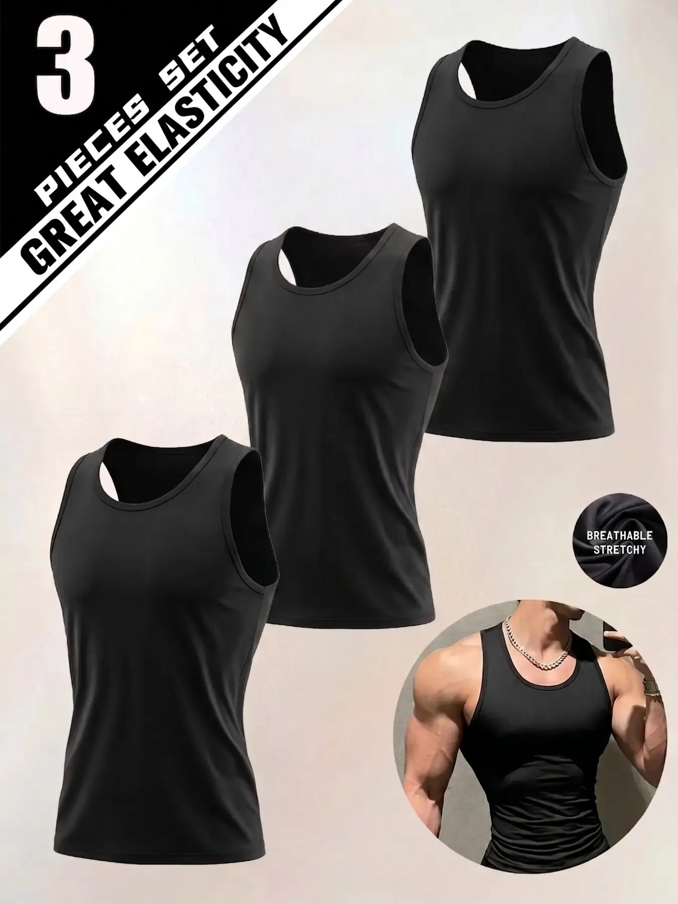 3-Pack Men's Compression Workout Tank Top, Fitness Vest, Breathable Quick Dry 4-Way High Stretch Sleeveless Athletic Shirt, Sports Singlet For Gym Basketball Running Yoga Cycling & Daily Casual Wear.