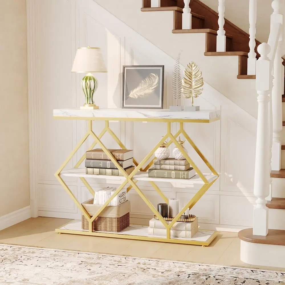 Garvee 39 Inch Entryway Table - 3 Tier Narrow Console Table with Open Storage, Adjustable Feet,  Diamond Shaped Metal Frame, Industrial Sofa Accent Table for Foyer, Entryway, Hallway - White