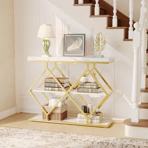 Garvee 39 Inch Entryway Table - 3 Tier Narrow Console Table with Open Storage, Adjustable Feet,  Diamond Shaped Metal Frame, Industrial Sofa Accent Table for Foyer, Entryway, Hallway - White