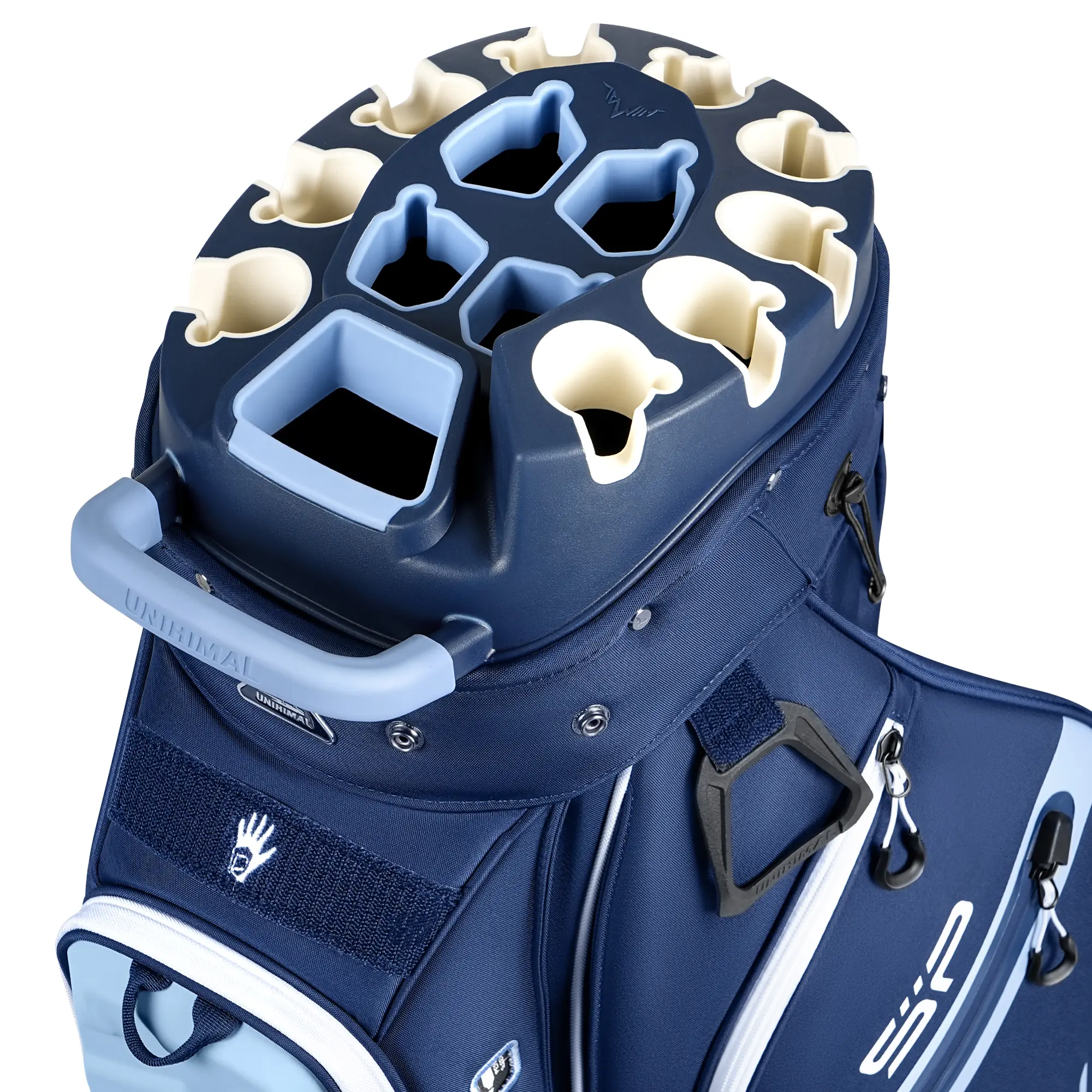 uniHimal StablePoint Golf Cart Bag with 14-Way Dividers, S&T-Lock, Magnetic Pockets, Cooler Pocket, Rain Cover | Waterproof Fabric Bag for Men, Push Carts Fit, Ideal for Golf Course, Compatibility & Comfortable Carry, Durability & Stability, Knitted Compo