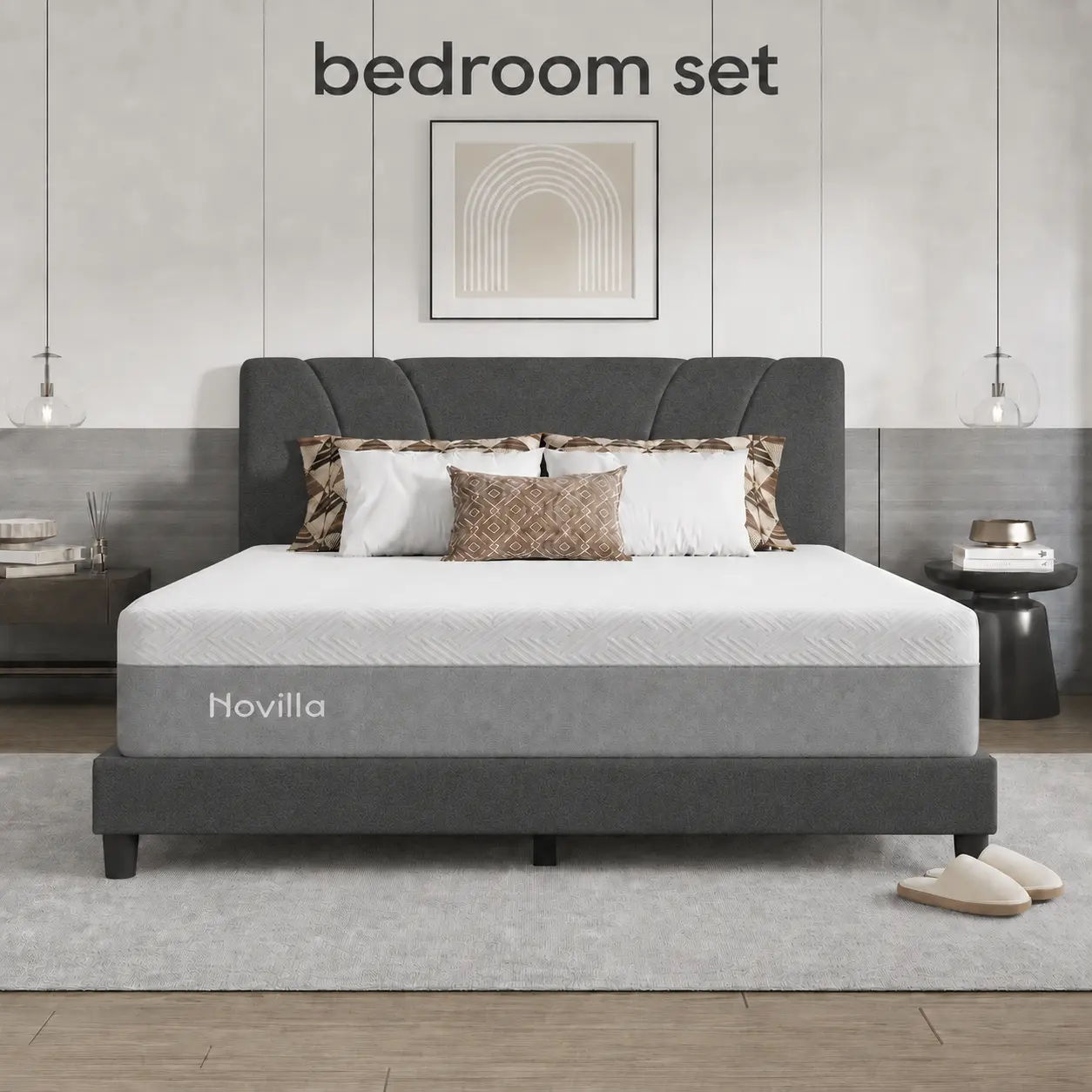 Novilla Sleep Bundle 2-piece bedroom set: 12" Cooling Gel Mattress + Upholstered Bed Frame
