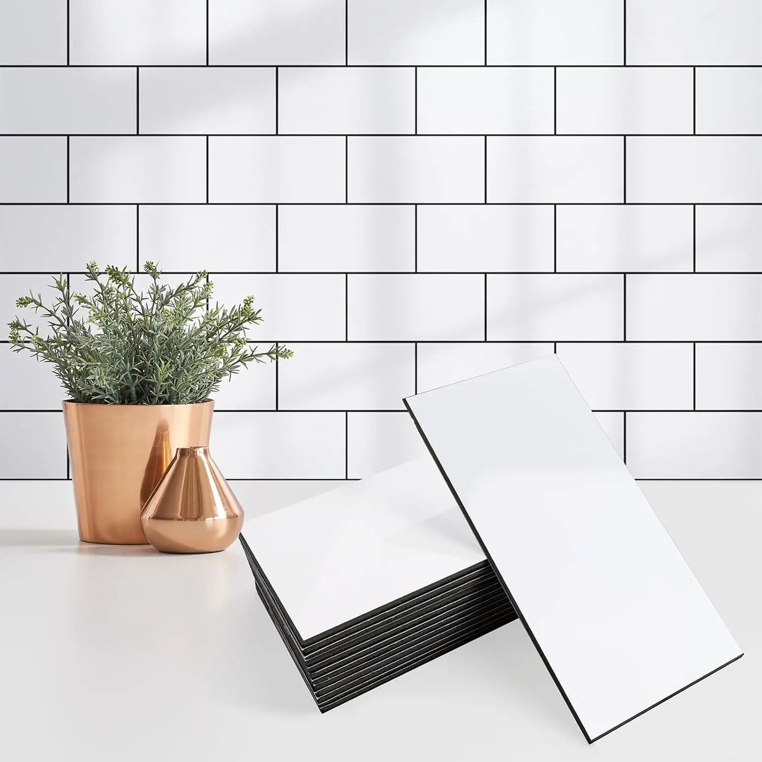 100 count Peel and Stick Backsplash for Kitchen, 3" x 6" PVC Subway Tile 2025 Upgraded Glossy White with Dark Gray Grout Backsplash Stick on Tile Elevate Kitchen, Bathroom, Fireplace,RV