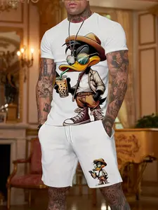 Men's Vintage Style Fashion Summer Suit, Elastic Polyester Knit Fabric, Unique Duck Print Round Neck T-Shirt and Track Shorts Set, Casual Fitted Design