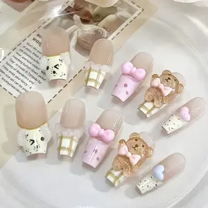 10pcs Long Coffin Shape Handmade Fake Nails, Press on Nails, Fashion Cute White Speckled Pink Checkered French, 3D Brown Bowknot Blue Heart, Full Coverage Hand Fake Nail Set Nail Art Suitable Parties, Dances, Daily Wear