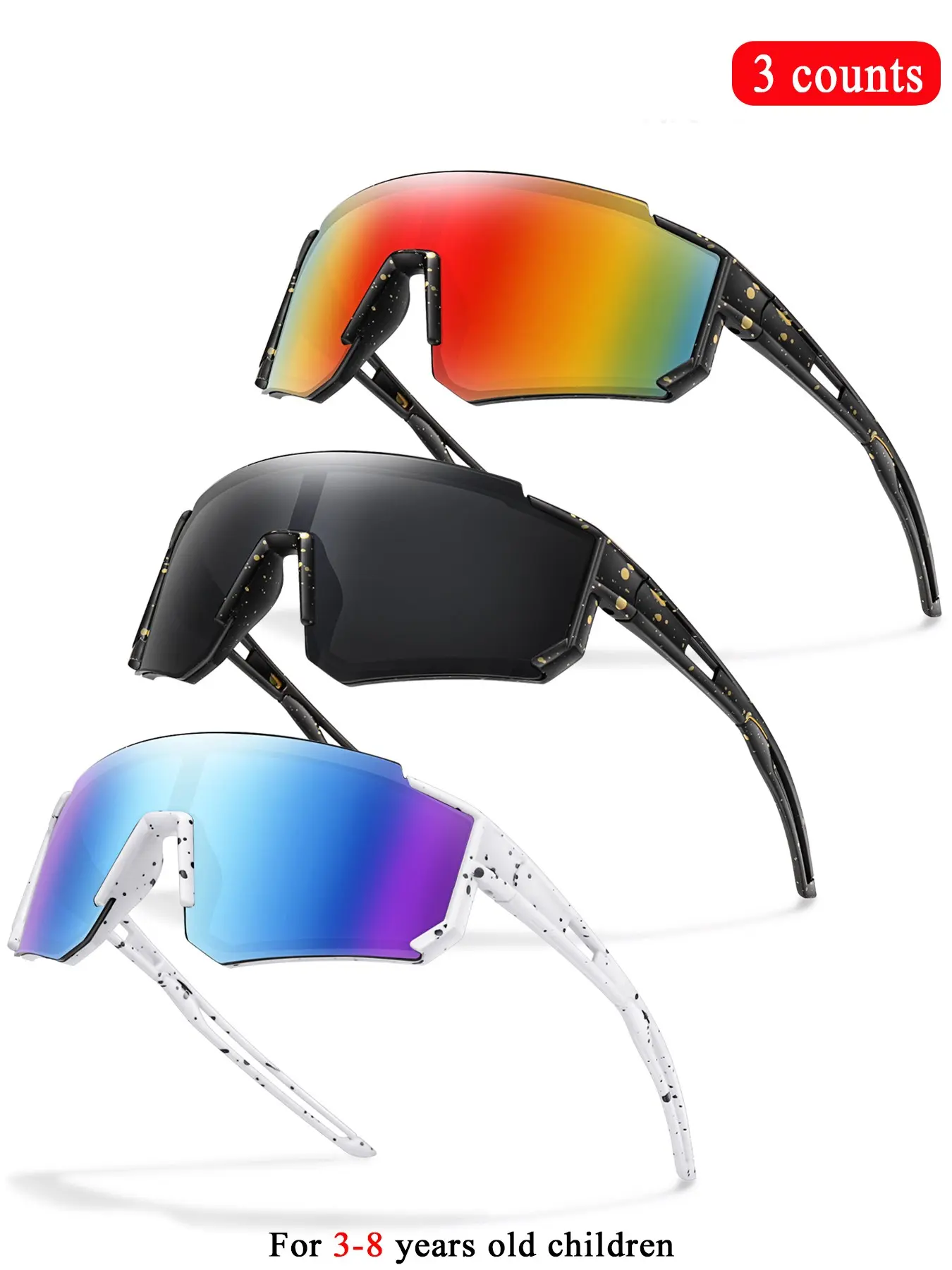 3-Piece Set Sporty Large Frame Kids Sunglasses for Ages 3-8, Uv400 Protection, Colorful Polka Dot Frames, Ideal for Outdoor Activities, Summer, Beach