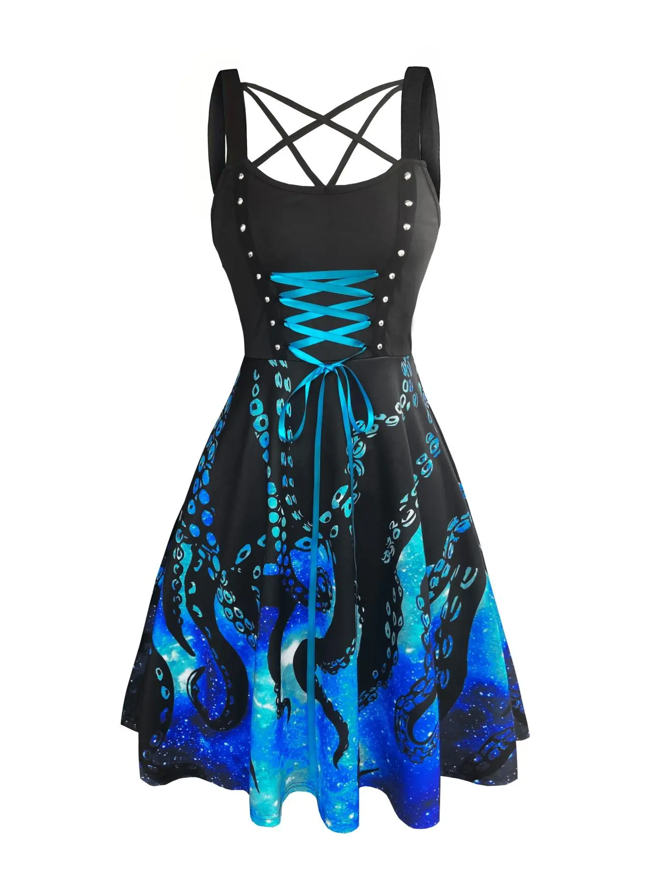 Women's All Over Print Lace Up Backless Strappy Sleeveless A Line Dress, Punk Fashion Casual Criss Cross Short Dress for Daily Outdoor Wear, Ladies Dress for Summer, Womenswear, Date Night Dress, Party Dresses