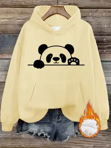 Women's Fun Panda Print Hooded Sweatshirt, Fall & Winter Warm Long Sleeve Pullover, Casual Loose-Fitting Sportswear