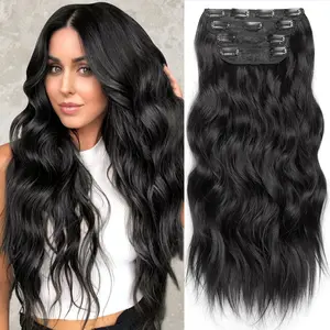 HIUSVO Clip in Hair Extensions, 4 PCS 24/20 Inch Blends Well Hair Extensions, Long Wavy Synthetic Hairpieces