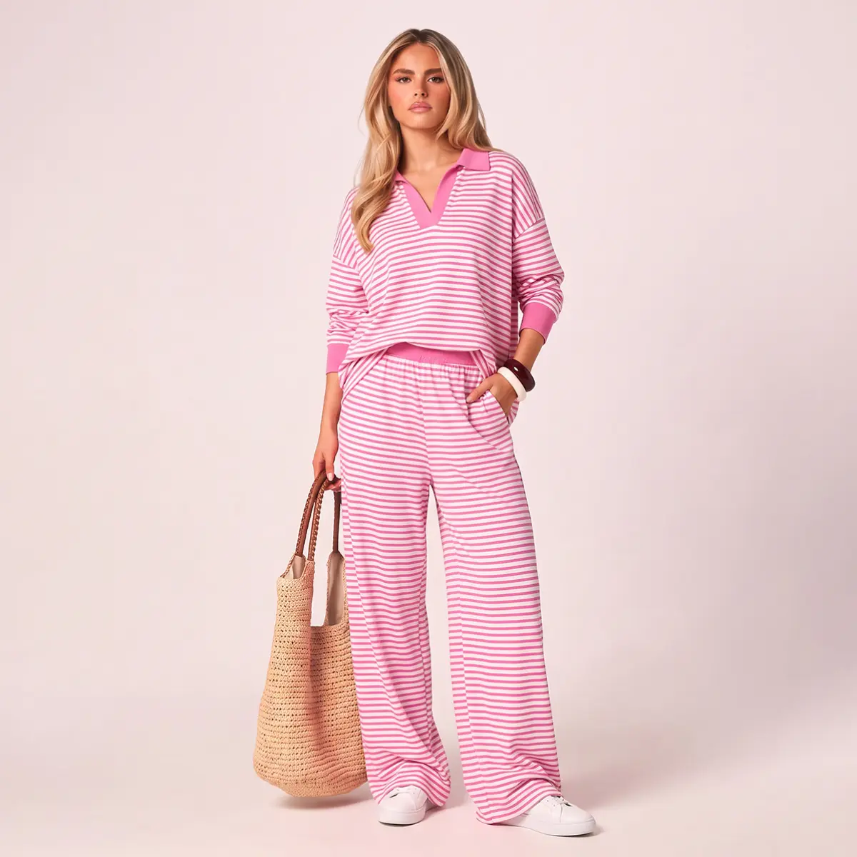 Chicovar Women's Striped 2 Piece Matching Set Polo V Neck Long Sleeve Top High Waisted Wide Leg Pants with Pockets Casual Loose Fit Lightweight Loungewear Airport Outfit Travel Vacation Pre-Fall Transitional Everyday Wear