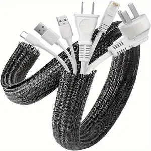 Nylon Cable Cover - Under Desk Wire Manager, Home Office, Living Room Wiring Organizer and Protector, Pet Bite Protection, Black/White, Computer Cable Cover, Concealer
