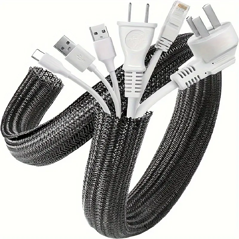 Nylon Cable Cover - Under Desk Wire Manager, Home Office, Living Room, House Wiring Organizer and Protector, Pet Bite Protection, Black/White, Computer Cable Cover, Concealer
