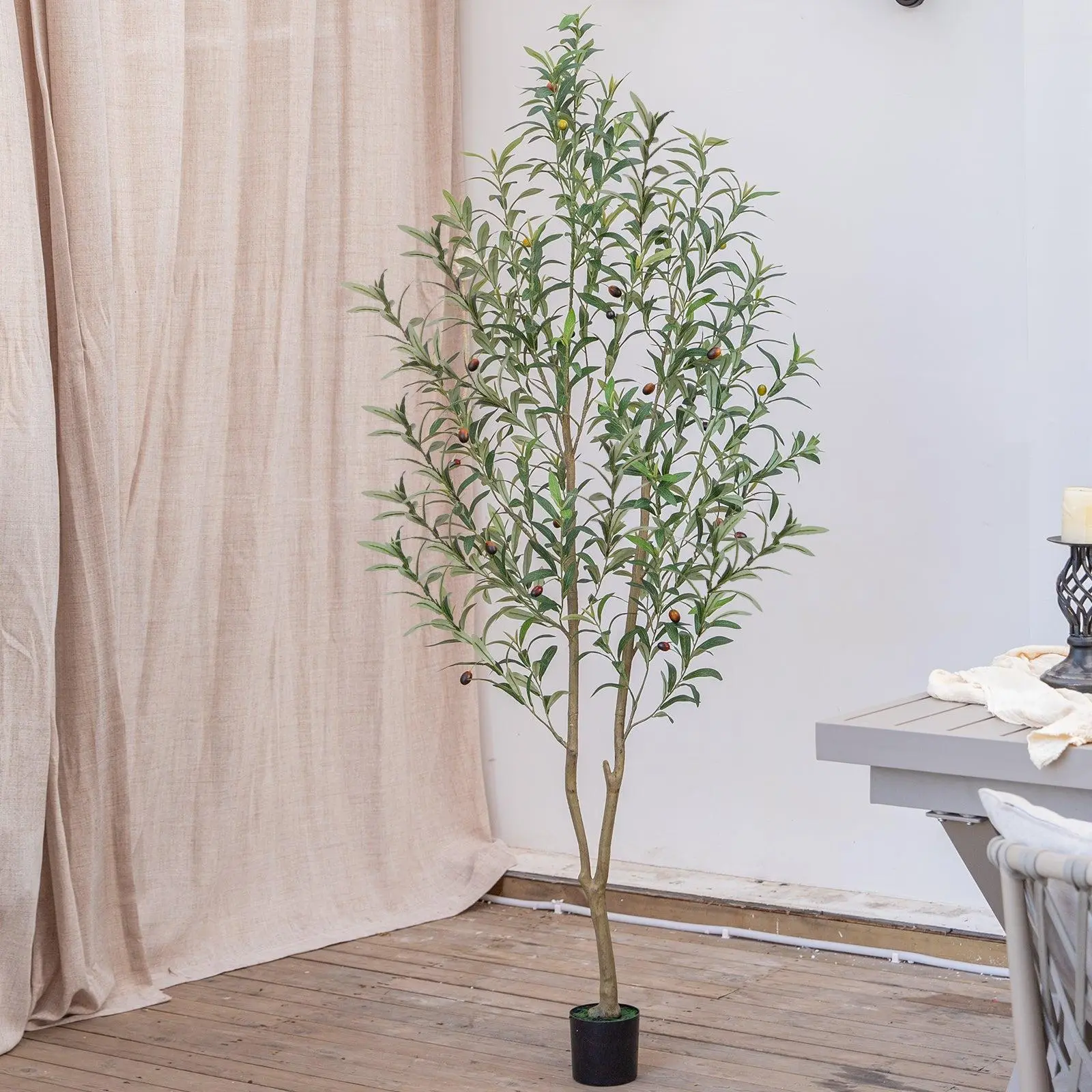 5/6/7/8FT Artificial Olive Tree with Black Pot, Tall Faux Silk Tree with Natural Wood Trunk and Lifelike Fruits