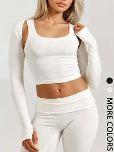 1 Cutout Shoulder Cropped Shrug Top Women（Tank Top Not Included） | Long Sleeve Bolero Cardigan with Thumb Holes | Y2K Athleisure Gym Workout Cover Up   | Minimalist Yoga Loungewear Layer | Athletic Fitness Clothes | Casual Athletic Wear
