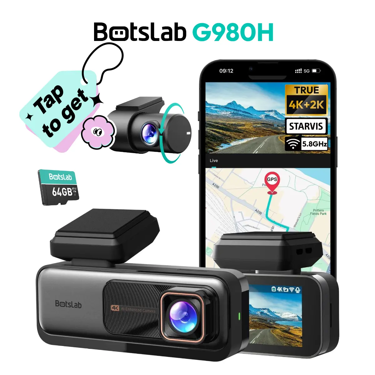 Botslab 4K Dash Cam Front & Rear 170° Ultra Wide with ADAS Night Vision 24/7 Parking IMX415 Sensor WDR 64GB SD Card 5G WiFi GPS Loop Recording Automotive Dvr Camera Video Dashcam