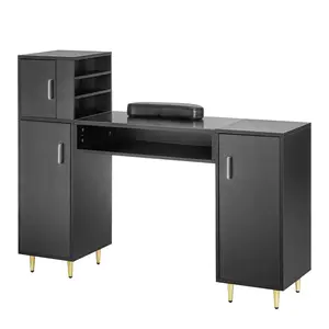 【FathersDayGift】VEVOR Manicure Table,  , Glass Top Nail Desk, Makeup Dressing Nail Station with Storage Cabinets, Acetone-Resistant Nail Tech Table for Spa Beauty Salon Workstation with Wrist Rest, 8 Metal Legs, Black