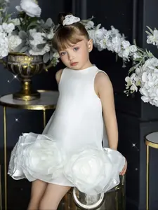 Girl's Floral Design Tulle Overlay Dress, Elegant Romantic Sleeveless Dress for Party Performance Show Wear, Kids Clothes for All Seasons, Princess Dress