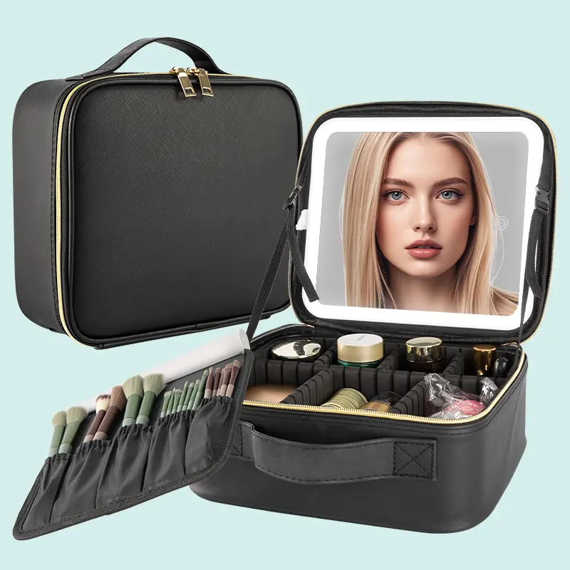 LESHARE Lighted Makeup Case, Multi-Function Toiletry Travel Bag with Rechargeable LED Mirror, Built-in Organizer Dividers, Shoulder Strap & Trolley Sleeve