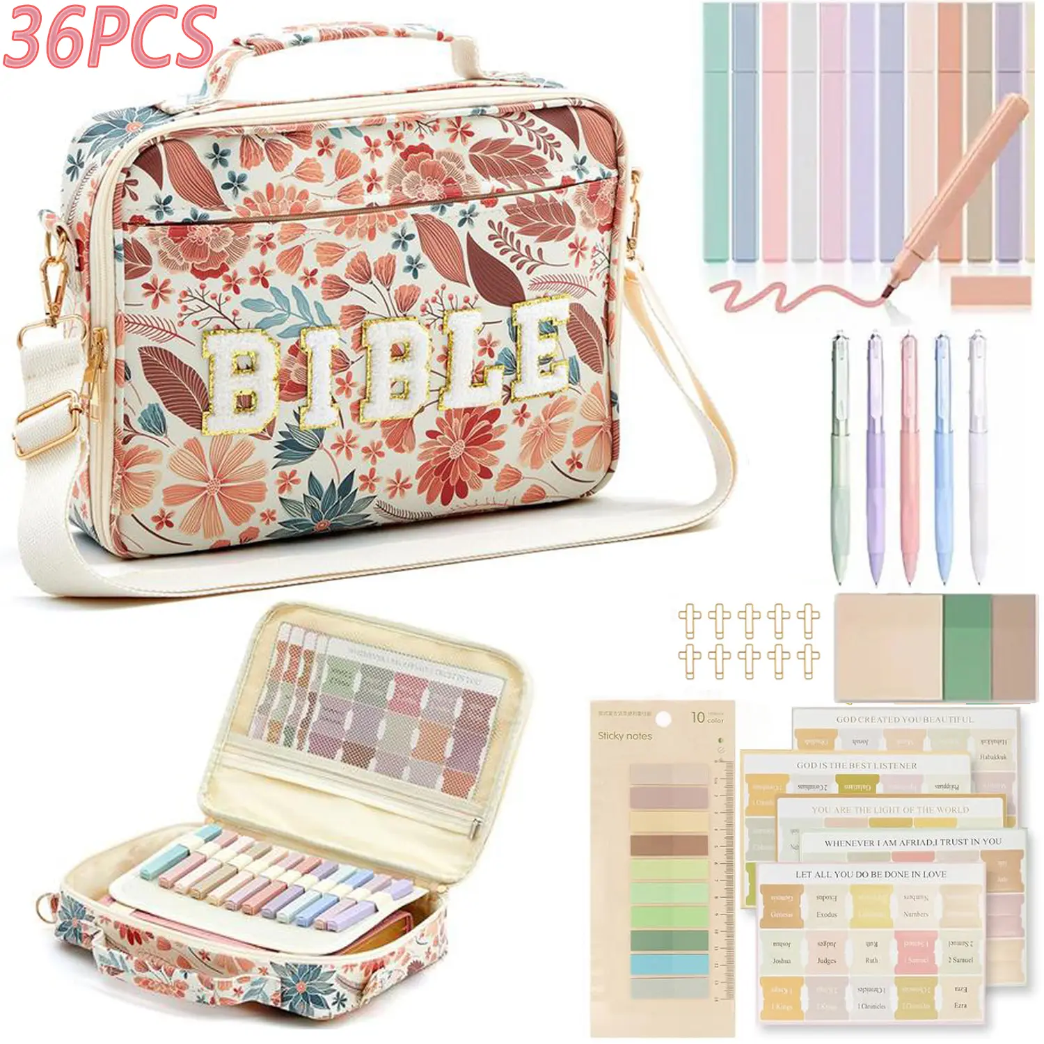 Bible Cover Case for Women, Large Bible Bag w/Shoulder Strap, Bible Study Supplies Bible Journaling Kit  Book Carrying Case with Bible Highlighters, Mothers Day Christian Gifts for Women Pastel Color Book Accessories