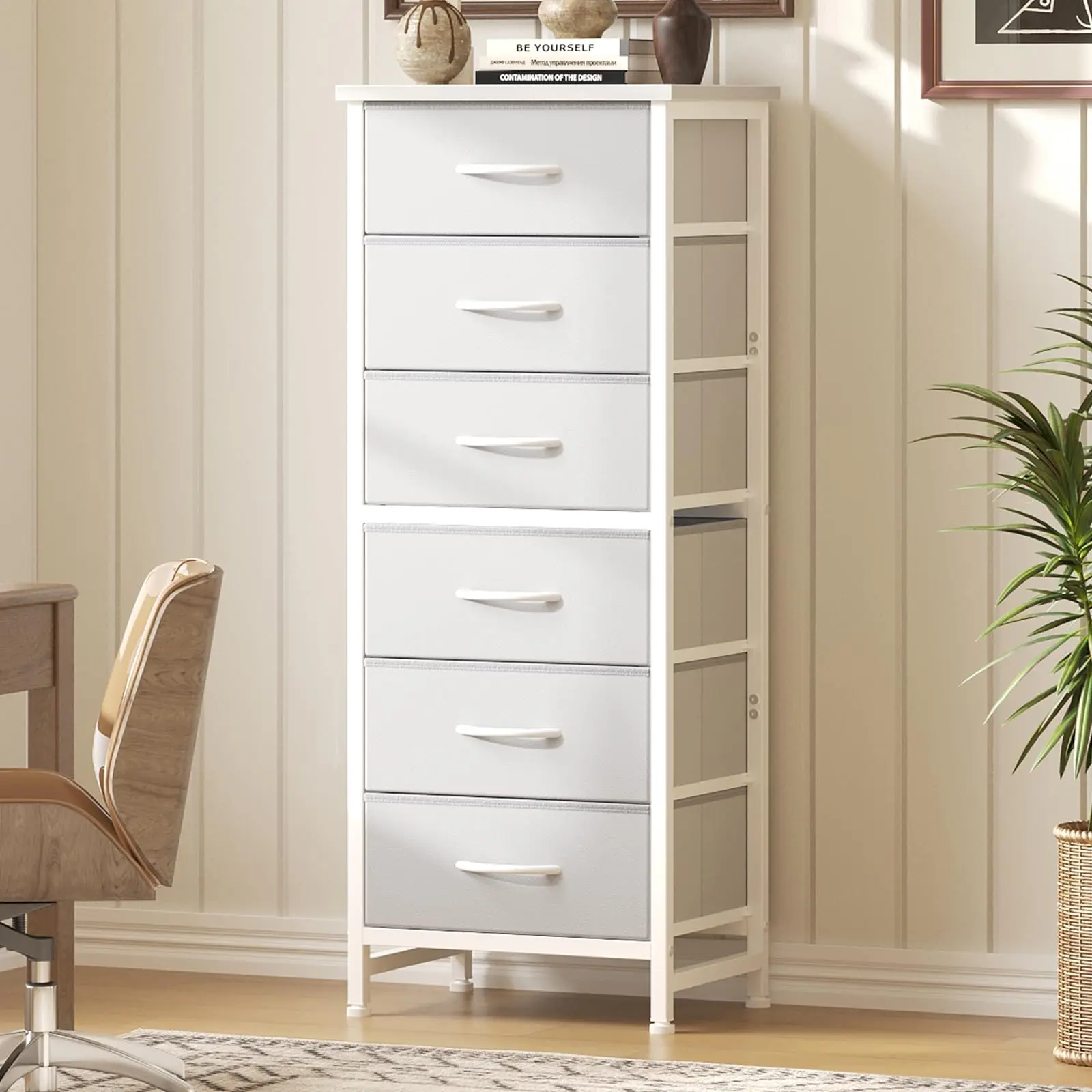 Dresser for Bedroom, 6 Drawer Narrow Tall Fabric Chest of Drawers, Storage Tower with Wood Top, Steel MDF Metal Frame & Non-Woven Fabric Drawers, Vertical Nightstand Storage Furniture for Bedroom Closet Entryway