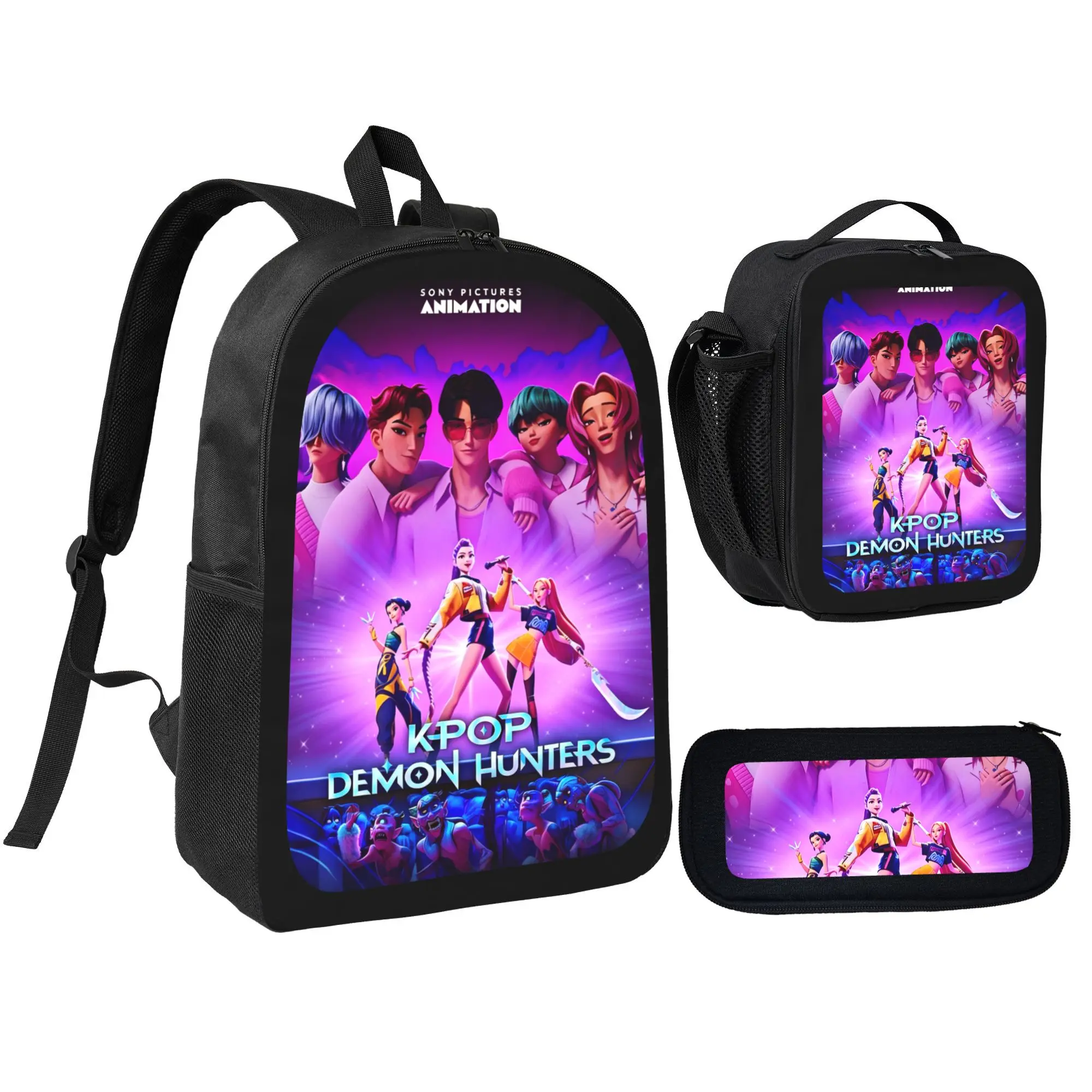 3 In 1 Kpop Demon Hunters Backpack Lunch Tote & Pen Bag Casual Daily Backpack For Teens