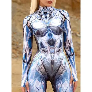 3D mechanical punk style robot printed jumpsuit - a sexy Bodycon role-playing outfit suitable for parties and events, featuring bold and futuristic design, perfect for personalized appearance and confidenceRAIMENTRY