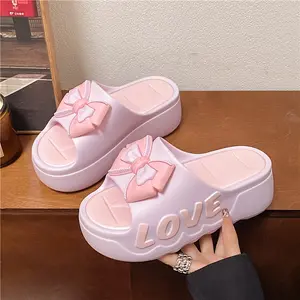 Women'S Summer Fashion Korean Style EVA Slippers with High Heel, Cartoon Bow Design, Slip-on Open Toe, Non-Slip Sole for Bathroom & Beach