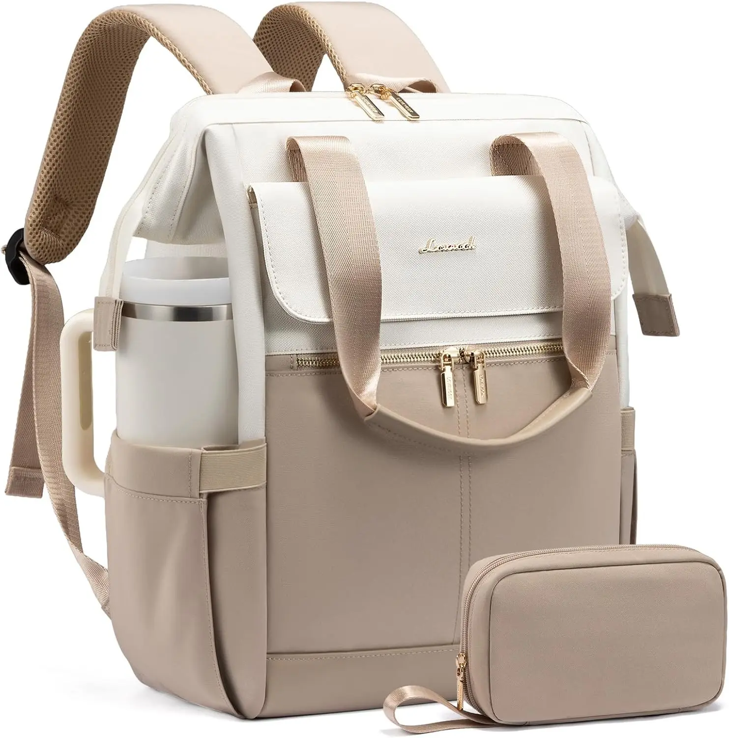 LOVEVOOK Laptop Backpack for Women, 15.6 Inch Work Laptop Bag with USB Port, Fashion Teacher Nurse Backpack Purse, Waterproof Travel Computer Backpack with Organizer Bag, 2PCS, Beige-Khaki Gift