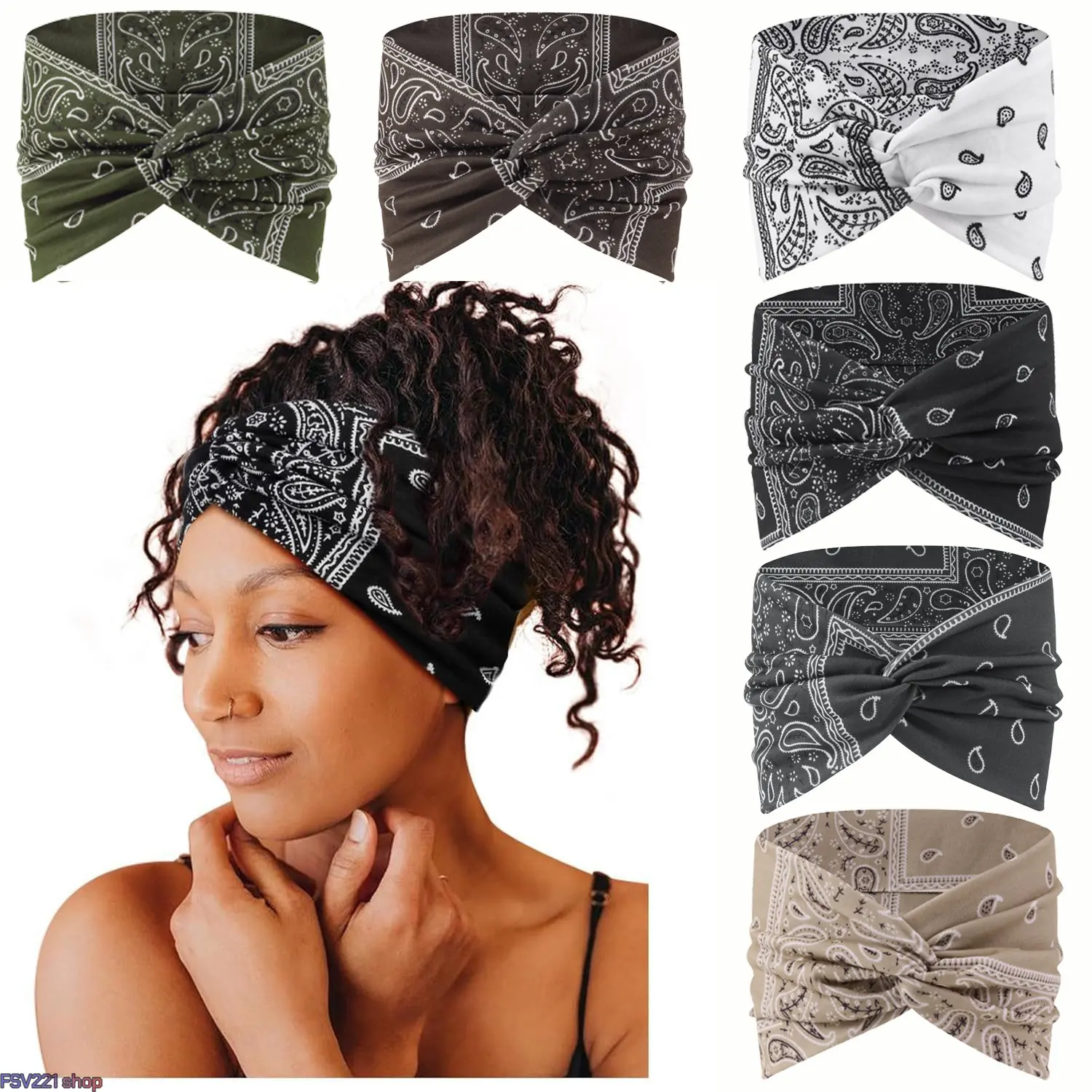 Women's 6-Pack 18cm Wide Cotton Turban Headbands - Curly, Athletic, Bandana Pattern, Boho Flower Elastic Bands for Sports, Camping, Curly Headbands, Athletic Headbands campingessentials