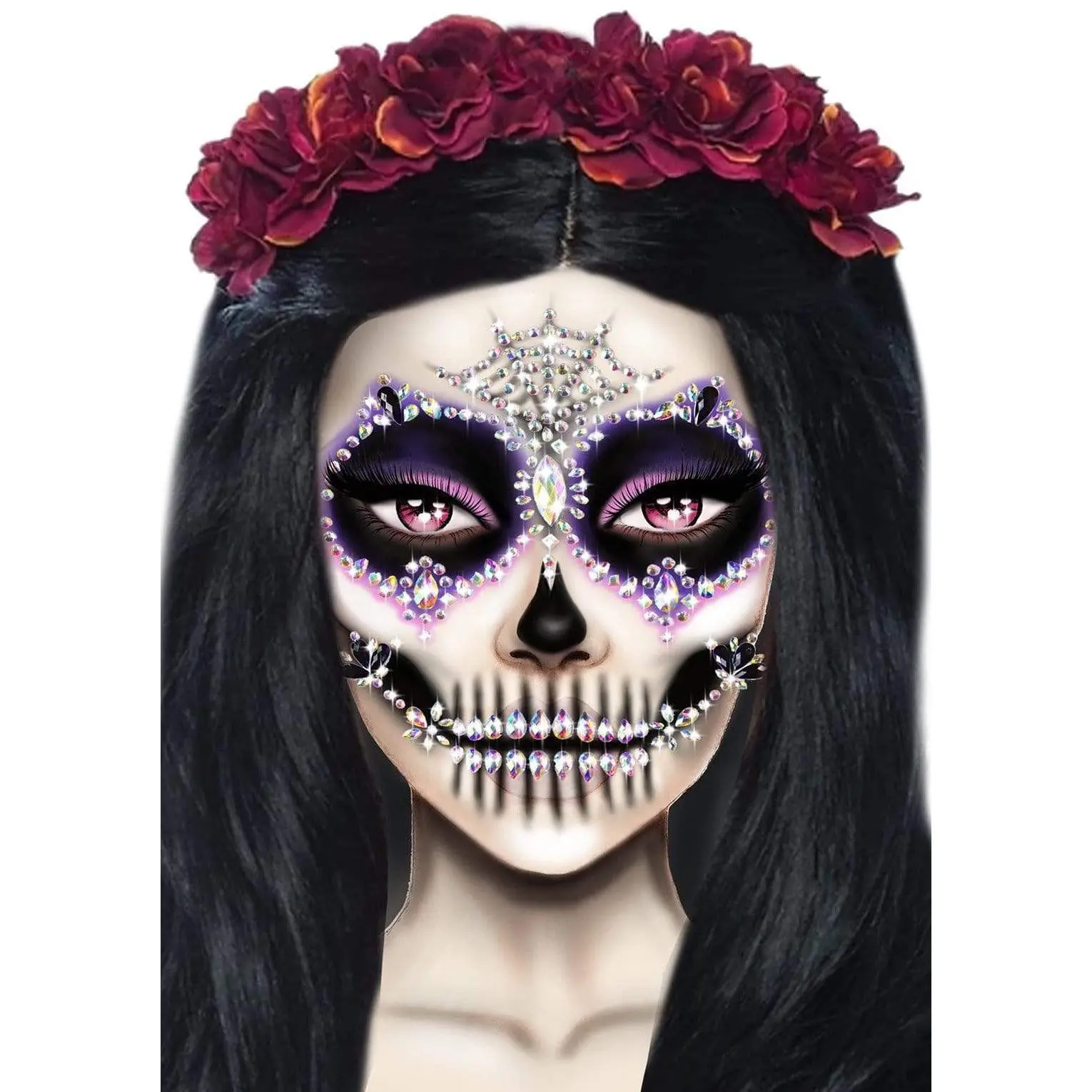 Iridescent Rhinestone Calavera Skeleton Face Jewel Sticker, Traditional Sugar Skull Design, Skin-Friendly Symmetric Layout, Halloween-Dia de los Muertos Themed Party Accessory