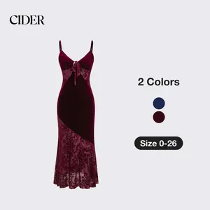 Cider [2 colors, size 0-26] Velvet V-neck Floral Cut Out Knotted Midi Dress SwimWeek
