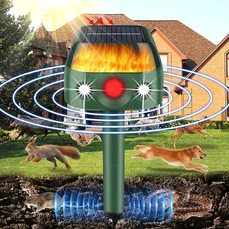 Solar Animal Repellent Single Unit - 360° Rotating, Solar Outdoor Lights, Eco-Friendly Power, 5 Sound Modes, Flame Light, Motion Sensor, Easy Installation, Animal Deterrent, 12 Months Durability, Garden Home Protection, 360° Range