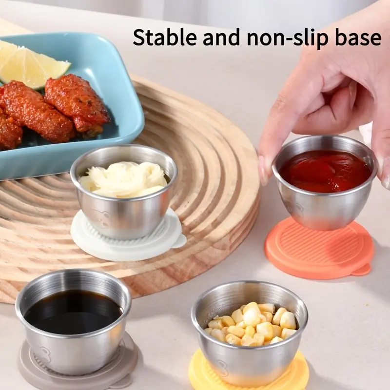 Stainless Steel Leak-Proof Sauce Cups with Lid, Condiment Container, Bear Pattern, Food Grade Silicone Seal, Ideal for Ketchup, Soy Sauce, Salad Dressing, Kitchen, Restaurant, Picnic, Portable, Leakproof Kitchen Containers
