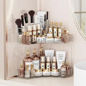 2-Tier Corner Bathroom Counter Organizer with Top Toothbrush Holders,Large Makeup Organizer Countertop with Brush Holder,Skincare Organizers Corner,Exquisite Vanity Organizer(Clear, 2 Tier)