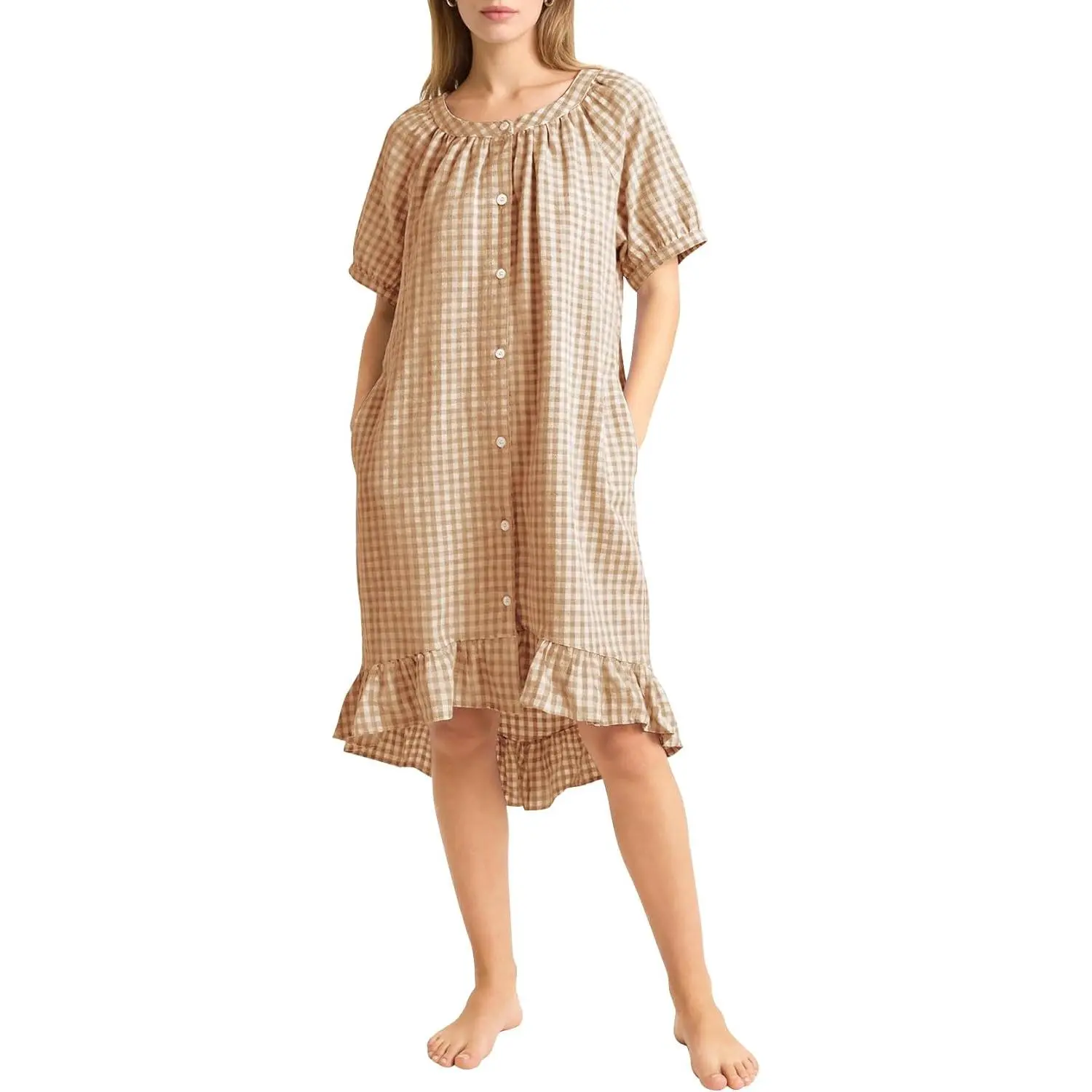 Women's 100% Cotton Plaid Night Gown - Short Sleeve, Loose-Fit, Button-Down Scoop Neck Midi Nightwear with Pockets, Casual Body-Safe Breathing Feature Nightdresses, Loose Cut Lets You Stretch Freely