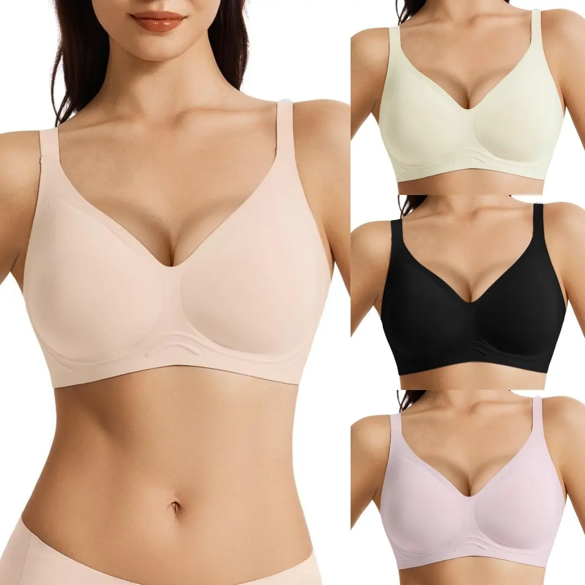 Women's seamless wirefree jelly bra, deep V-neck padded T-shirt bra, soft, lifting, shaping, comfortable bra, adjustable shoulder straps, breathable invisible underwear. seamless sport bra wireless push-up bralette full coverage woman comfortable push