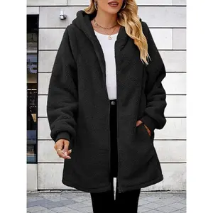 Plus Size Solid Color Zip-Up Hooded Coat with Pockets, Casual Long Sleeve Design Plush Coat? Women’s clothing for daily wear (Fall & Winter), gift