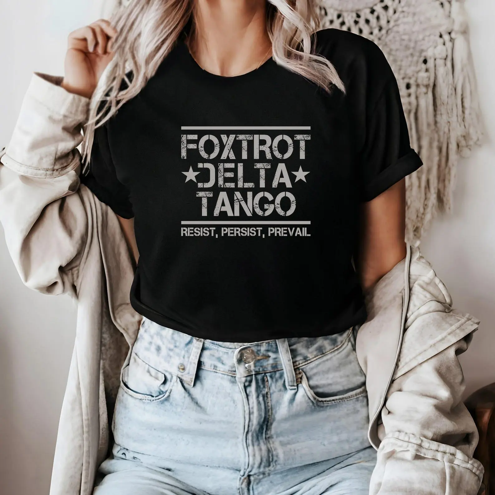 Foxtrot Delta Tango Graphic Tee Resist Persist Prevail Statement Shirt Inspirational T Shirt 100% Cotton Short Sleeve Crew Neck Casual Unisex Streetwear Fashion Top Everyday Wear Apparel Gift for Supporters Men Women