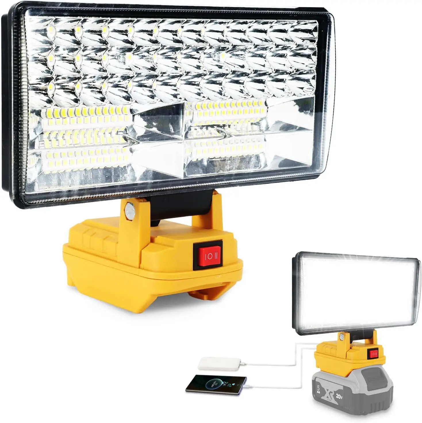 Cordless LED work light for Dewalt (90W, 5400LM, wide-beam floodlight) featuring 2 USB ports and 18V battery compatibility—ideal for emergencies, workshops, and garages.ble High-Lumen Light for Camping, Workshops, Emergencies, Portable Cordless Light