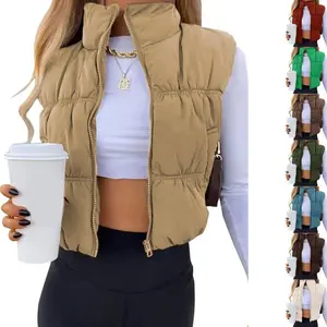 Women's Lightweight Sleeveless Cropped Puffer Vest Zip-Up Stand Collar with Gilet Pockets