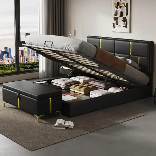 【Bellemave】2-Pieces Bedroom Sets,Queen Size Upholstered Platform Bed with Hydraulic Storage System,Storage Ottoman with Metal Legs,Black