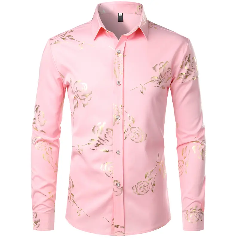 ZEROYAA Mens Hipster Gold Rose Printed Slim Fit Long Sleeve Dress Shirts Prom Performing Shirts summer outfits men sublime shirt funny shirts Korean Casual