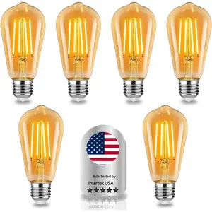 Retro LED Edison bulb 6W, equivalent to 60W, warm white 2700K, ST64 adjustable light bulb with 90+ CRI, 600LM, E26/27 base, amber glass, 6 pieces in pack