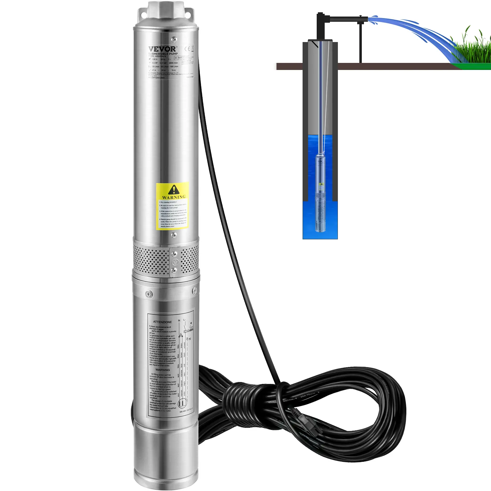 【summerfinds】VEVOR Deep Well Submersible Pump, 1HP 115V/60Hz, 37gpm Flow 207ft Head, with 33ft Electric Cord, 4\" Stainless Steel Water Pump for Industrial, Irrigation&Home Use, IP68 Waterproof Grade, Heavy Duty