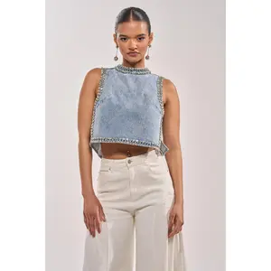 POPPING OUT RHINESTONE DENIM BLOUSE