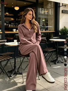 Two piece set of women's fashionable, high-end, relaxed, Casual, plain textured long sleeved shirt+high waist wide leg pants set, suitable for all seasons, suitable for short trips, exploring stores, shopping, daily home, workplace, commuting