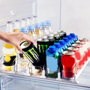 Refrigerator Storage Box with Automatic Pusher, Adjustable Transparent Dividers, 15-Can Capacity, Stackable Soda Bottle Organizer Rack for Home Organization