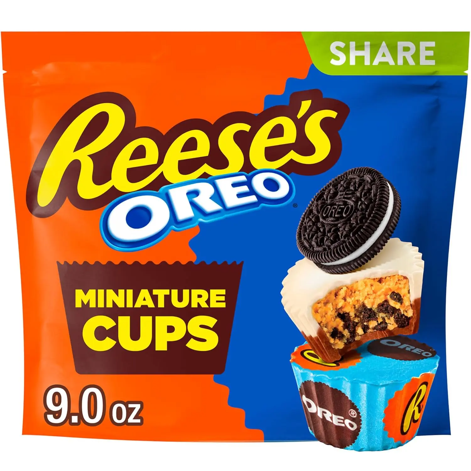 REESE'S OREO Miniatures Peanut Butter Cups Share Pack, 9 oz | Reese's Peanut Butter Cups, Milk Chocolate and White Creme with OREO Cookie Crumbs, Kosher Miniatures Candy for Sharing, 9 oz