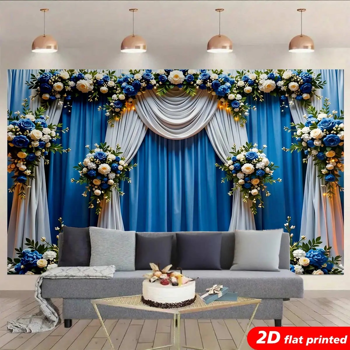 Royal Blue Polyester Leaf & Rose Flowers Tapestry Wall Hanging, 2D Flat-Printed Decor, Blue Living Room Accent, Wedding Arch Backdrop, Baby Shower Essential, Ideal Bedroom Home Aesthetic Gift