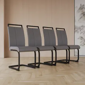 Set of 4 PU Leather Dining Chairs High Back Ergonomic C-Shaped Black Metal Legs Modern Home Kitchen Living Room Office Seating, Grey